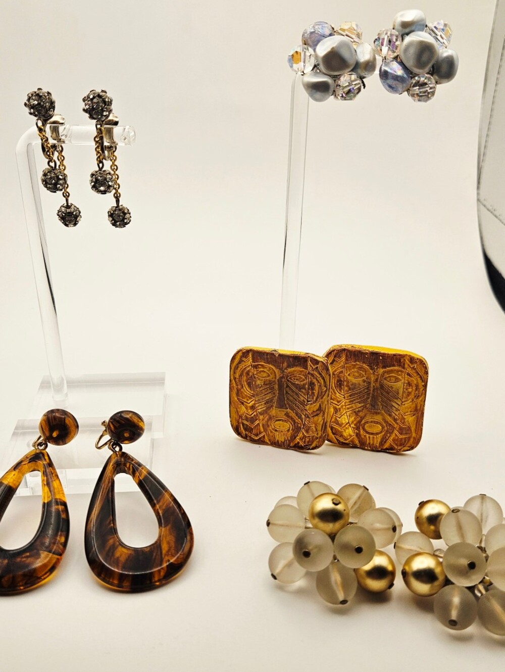 Vintage Clip On Earring Estate Lot Mid Century Rhinestone Pearl Cluster Brutalis